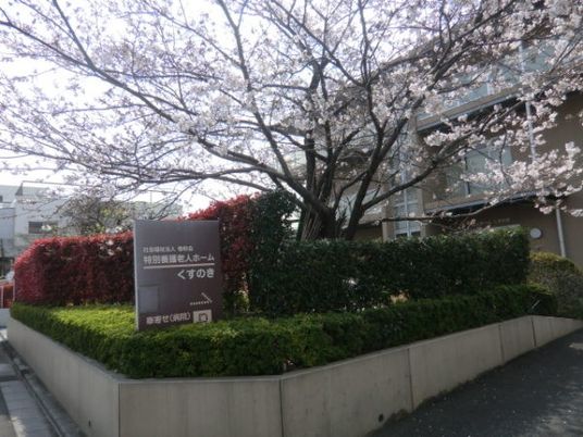 桜と看板のある外観  