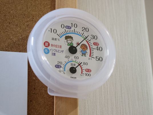 部屋の柱には温度計と湿度計が一緒になったものがかけられている。夏には熱中症注意、冬にはインフルエンザ注意とイラスト入りで書かれている。
