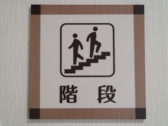 白い壁には正方形のプレートが貼りつけられている。プレートには階段の文字と階段を上り下りする人のイラストが書かれている。