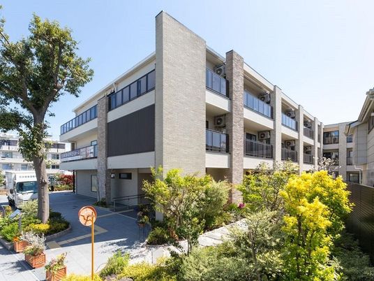 明るい庭付き建物外観