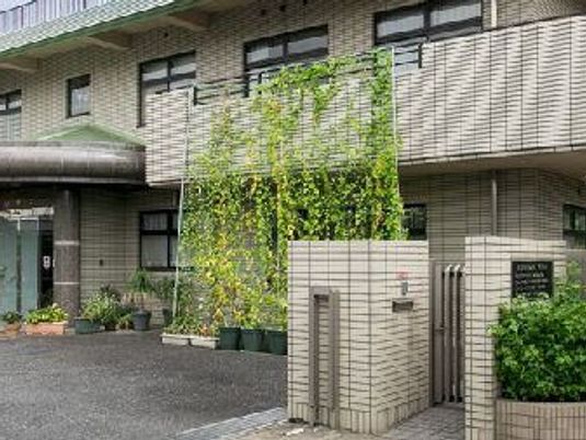緑の外壁がある建物の外観  