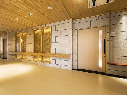 施設の写真 ダウンライトが優しく照らす広々とした廊下。壁には、木でできた幅の広いタイプの手すりが設置されている。