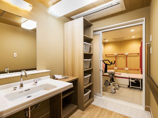 施設の写真 大きな鏡付の洗面台や脱衣かご棚のある脱衣所の奥に、壁に手すりがたくさんついた浴室がある。入浴用の介護機器も置かれている。