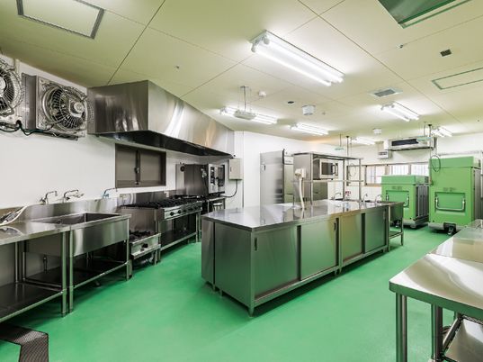 清掃が行き届いた本格的な厨房である。緑色の床の上に、銀色に輝くステンレスの調理用具が整然と並んでいる。