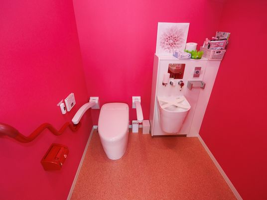 施設の写真 赤い壁が特徴のトイレ