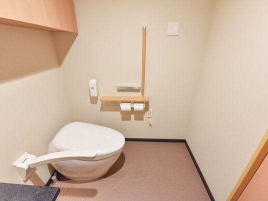 トイレの個室内に、白い便座が設置されている。便座の奥の壁には、トイレットペーパーのホルダーが取り付けられている。