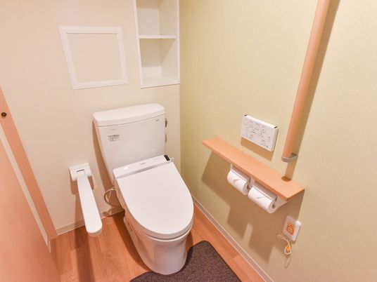 明るい色合いのフローリングにレグホーン色の壁の、あたたかみのある、落ち着いた雰囲気のトイレの個室である。
