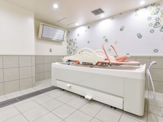 機械浴槽の右側には、シャワーホースが設置されている。その場から移動することなく体の洗浄をすることができる。