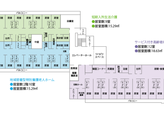 カラフルな施設の見取図 内観 施設全体の間取りが一目でわかります。各部屋の配置や使い方を理解するのに役立ちます。