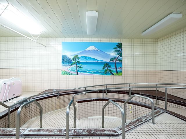 清潔な浴室と富士山の絵 浴室 手すりの整った清潔な浴室です。富士山の絵が心を和ませ、安らぎの時間を提供します。