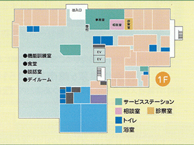 階層図の案内図 喫煙所 階層図にて各部屋が色分けされ、配置が明確になっています。施設内の移動がスムーズです。