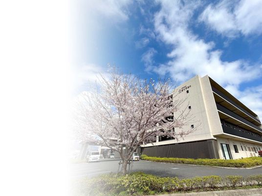 桜と建物の外観  