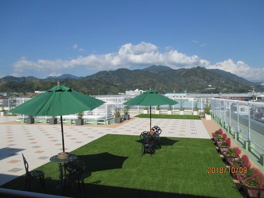 施設の写真 一部に芝生が敷かれ、テラス席が用意されている屋上広場