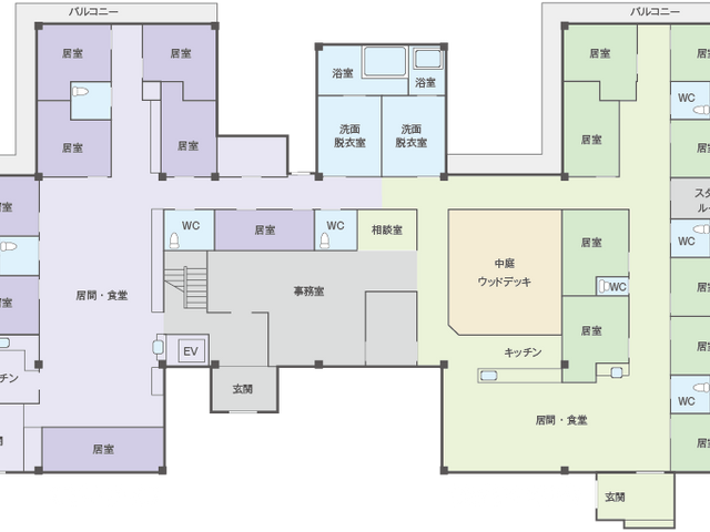 広々とした居室の間取り図 居室 広々とした間取りで、各部屋がゆったりと配置されている居室の雰囲気が伝わります。プライバシーもしっかりと考慮されています。