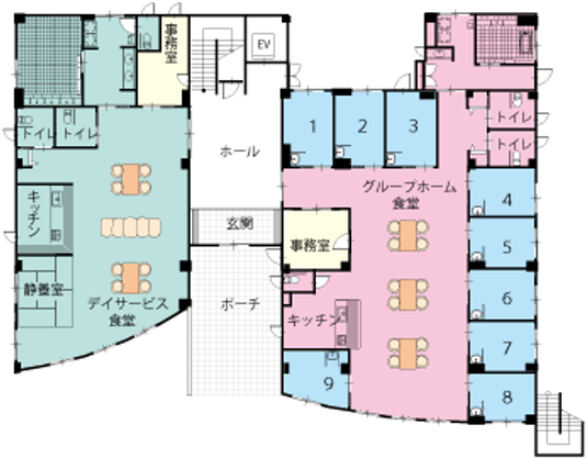 シンプルな家具配置の施設平面図