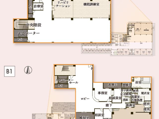 施設の見取り図エリア ダイニングルーム 施設の各場所を一目で確認できる見取り図です。利用者の生活動線がわかりやすく整理されています。
