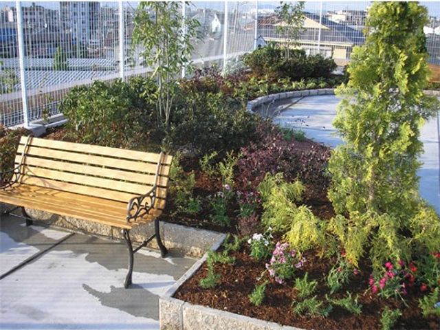 緑に囲まれた休憩スペース 屋上庭園 清々しい中庭には、木々や花々が植えられており、ベンチでゆったりとした時間を過ごすことができます。