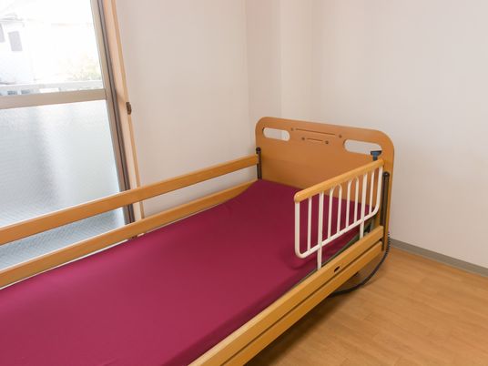 ベッドはピンクレッド色のマットレスで枠が木目調である。側面は、片側に落下防止の板が渡っており、もう片側は一部分にガードフェンスが付いている。