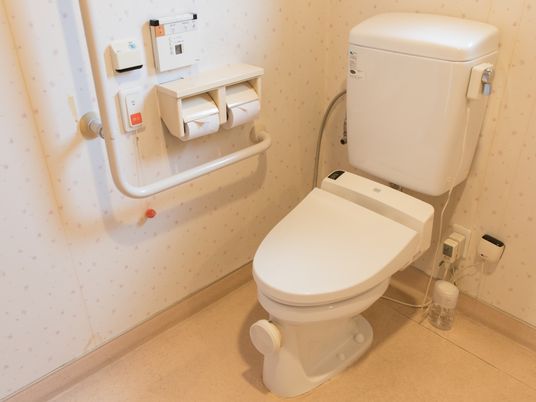 トイレには、洗浄機能付き温水便座が設置されている。壁面には、座位で手の届く位置にＬ字型の手すりとナースコールボタンが付いている。