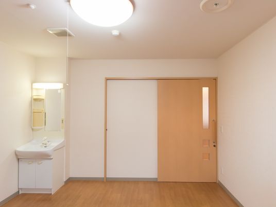 居室には、部屋の隅に洗面化粧台がある。出入りする扉は、木目調の１枚扉で、横へスライドさせて開閉する引き戸である。