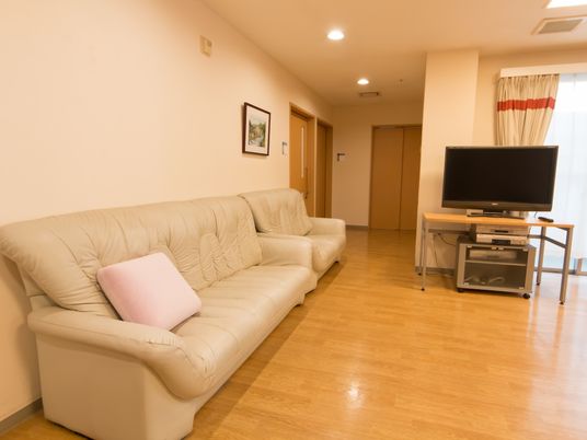 床が木目調のフローリングで、ゆとり空間が広がっている共有スペースには、壁際に白いソファが並べて置いてあり、窓側の端にテレビが設置されている。