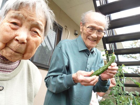 高齢者が植物を手に笑顔