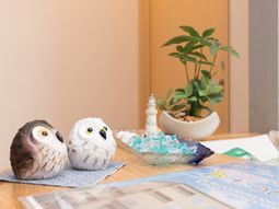 フクロウ置物と植物のある空間