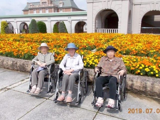 色とりどりの花が咲く庭 庭 色鮮やかな花々が広がる庭では、車椅子の方も安心してリラックスしていただけます。