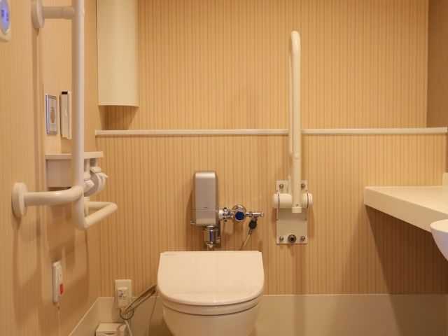 バリアフリー設計のトイレ トイレ 十分なスペースと手すりが備わった快適なトイレです。利用者の自立を支援する設計が施されています。