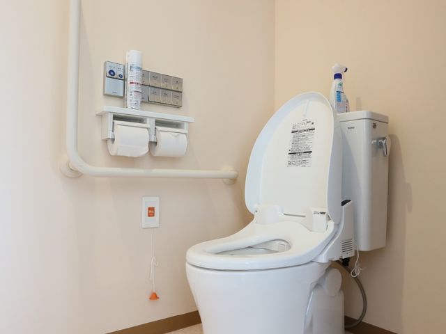 バリアフリーのトイレ設備 トイレ 手すり付きで安全に配慮されたトイレ空間です。快適にご利用いただけます。