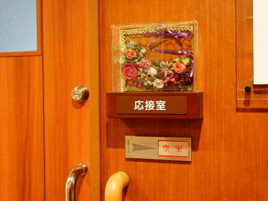 応接室への入り口には花、リボン、レースで飾られた表示パネルがある。その下には部屋の使用状態を表示するプレートがある。