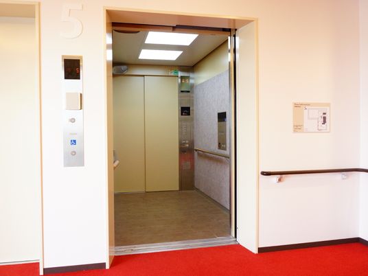 エレベーター前のフロアには赤いカーペットが敷かれている。右側の壁には手すりがあり、その上には案内図が貼られている。