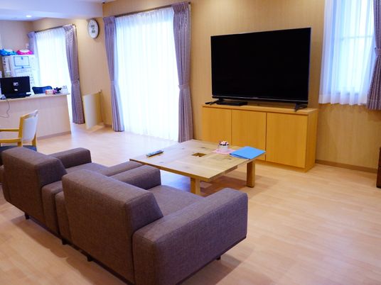 共有スペースの窓側には木製の棚が置かれ、その上にはテレビが設置されている。ソファーが2つとローテーブルがある。