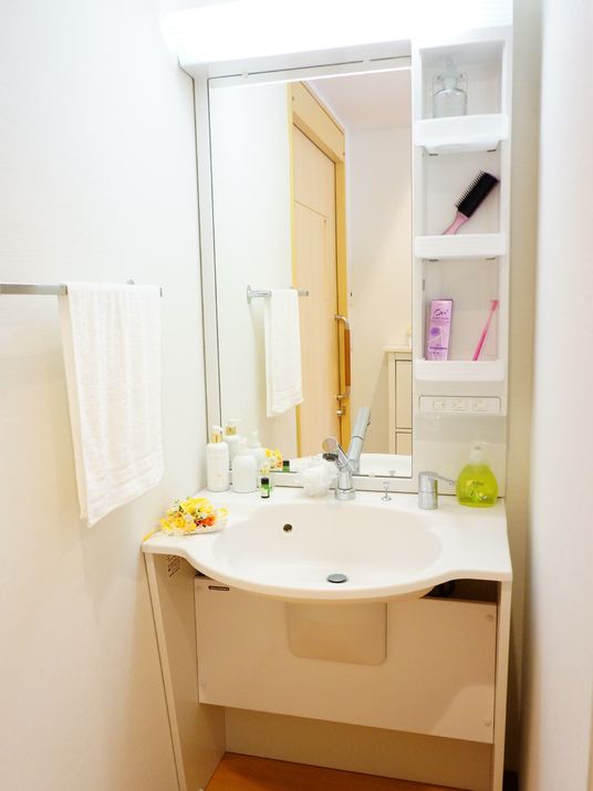 洗面ボウルの下には車椅子が入ることのできる空間が確保されている。大きな鏡の横には小物用の棚が3つ設けられている。