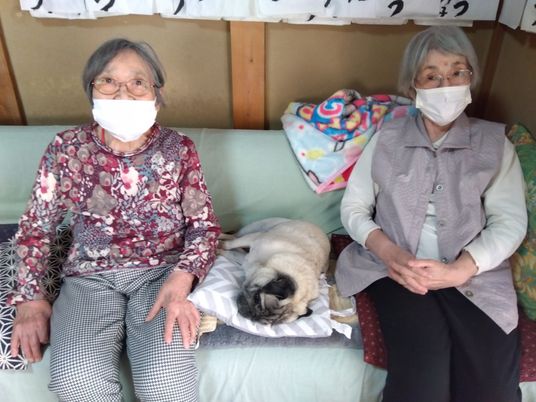 ソファでくつろぐ二人と犬