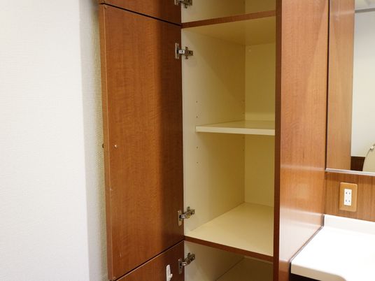 トイレ内にも十分な収納を用意している。介護用おむつや、洗面時に使用をする洗顔料等の予備を保管できる。