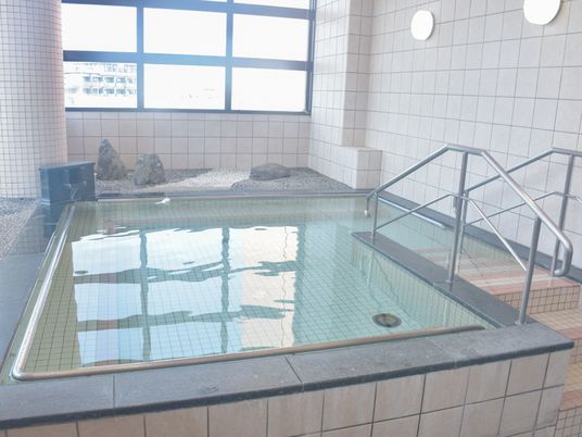 明るい浴室の手すり付き浴槽