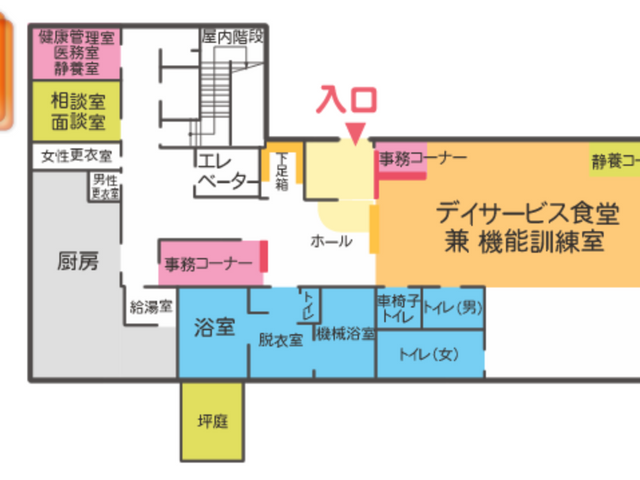 階案内図の内部 内部 各設備が明確に配置された階案内図です。施設全体の配置を把握するのに役立ちます。