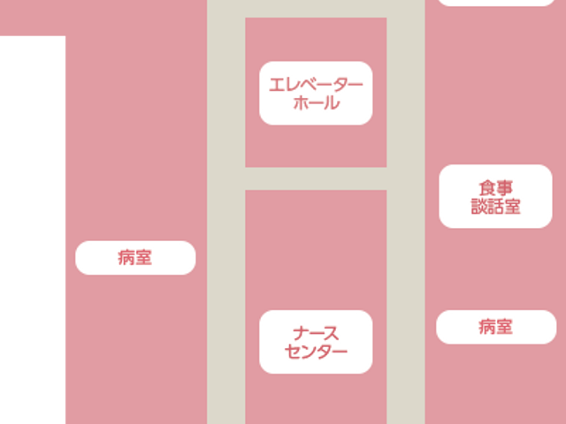 フロアマップ 廊下 病室や相談室、洗面所などが配置された、わかりやすいフロアの案内図です。