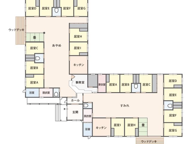 明るいデイルーム図面 居室 落ち着いた雰囲気の居室が配置されており、プライベートも大切にされた空間です。デイルームも充実して、快適な日々を送れそうです。