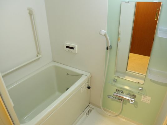 浴槽の壁には手すりと給湯リモコンが取り付けられている。洗い場には大きな鏡とシャワーと小さな棚が２つついている。