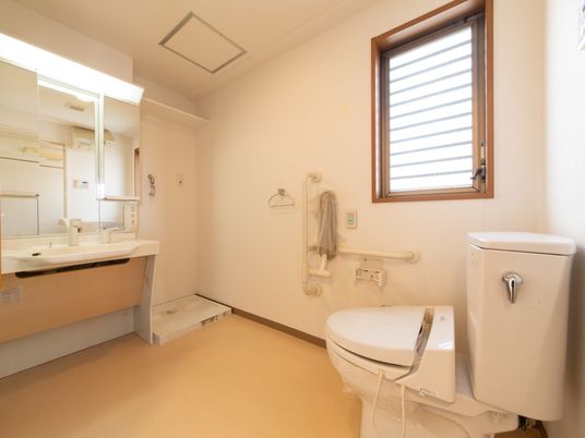 洗面所には大きな鏡のついた幅の広い洗面台が設置され、コンセントがついている。隣りには洗濯機を置くスペースもある。