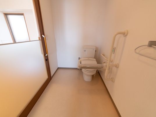 居室内にトイレが設置されている。半分から下が曇りガラスになっている引き戸のドアで開け閉めする。便座の近くに手すりがある。