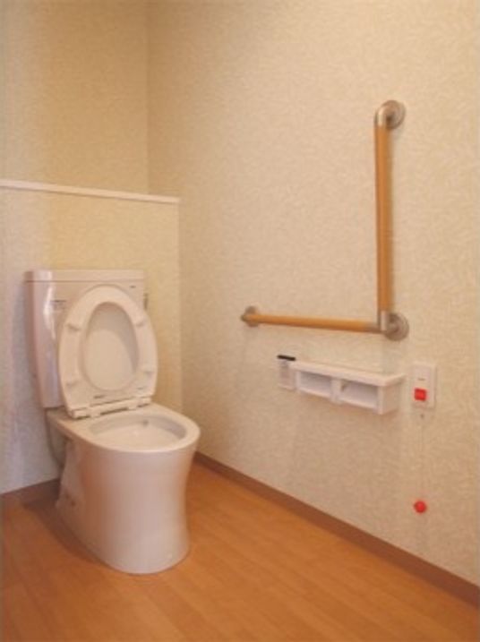 白と木目を基調としたトイレは、清潔感が漂いぬくもりを感じられる空間である。横にエル型の手すりやナースコールなどを設置している。