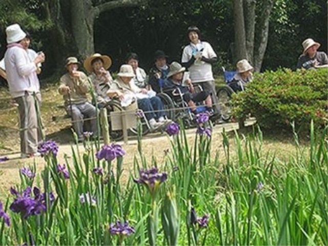 青空下で憩う人々 見学 緑豊かな中庭では、利用者様が心地よい自然の中で憩いのひと時を過ごされています。
