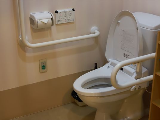 施設の写真 センサー付きのトイレになっている。両側に手すりがついている。手すりの下にあるナースコールは転倒時でも押せる位置についている。
