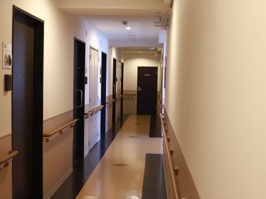 施設の写真 各部屋に黒色の扉がついていおり、いくつかは引き戸タイプになっている。両側の壁には手すりが隙間なく取り付けられている。