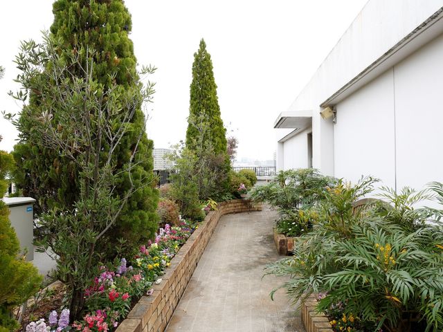 緑豊かな植栽の中庭 屋上庭園 様々な植物に囲まれた落ち着いた雰囲気の中庭です。リフレッシュを目的に散歩や憩いのひと時をお過ごしいただけます。