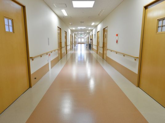 広々とした廊下の両側には曇りガラスの小窓のついたドアが並んでいる。壁には手摺りが設置され、非常ベルもある。