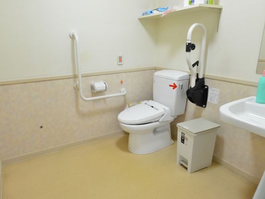 広いスペースのとられたトイレの個室には安心してお使いいただけるよう手摺りやナースコールが設置されている。また洗面台や棚もある。